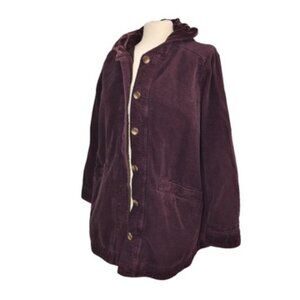 J. Jill Womens Corduroy Chore Jacket S Petite Maroon Purple Velour Hood Lining